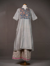 Grey Kurti with Blue Kalamkari Yoke and Printed Kali Pants
