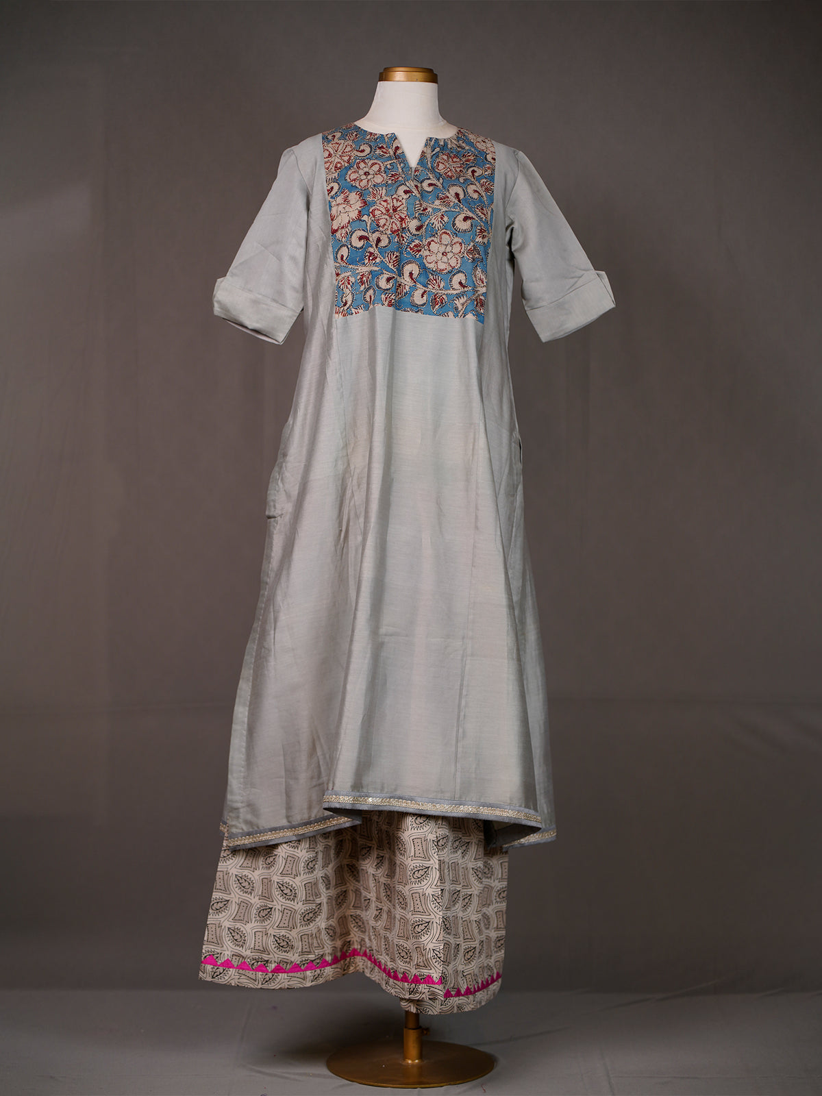 Grey Kurti with Blue Kalamkari Yoke and Printed Kali Pants