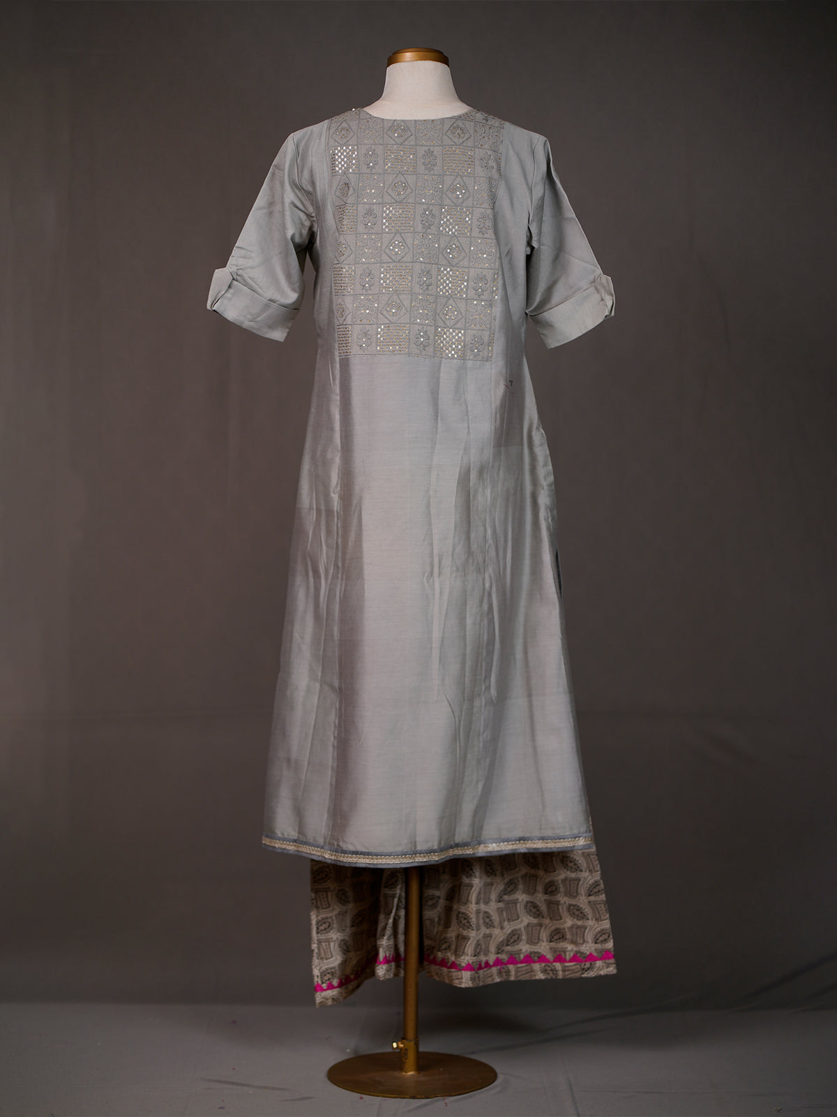 Grey Kurti with Blue Kalamkari Yoke and Printed Kali Pants