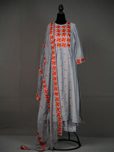 Grey Kurti with Heavy Thread Work, Zari Border, Dupatta and Pants