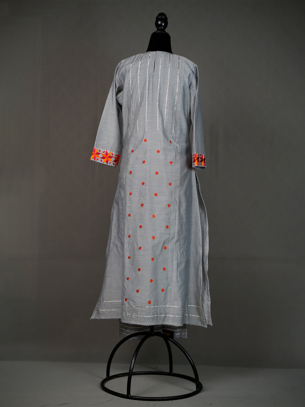Grey Kurti with Heavy Thread Work, Zari Border, Dupatta and Pants