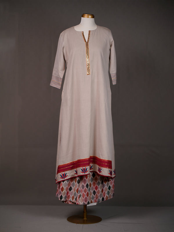 Grey Kurti with Sequins, Thread Work Lotuses and Printed Pants
