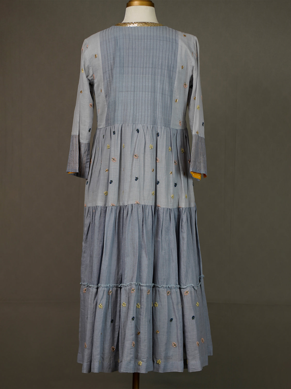 Grey Mulmul Cotton Floor-Length Buttoned Dress with Thread Buttis