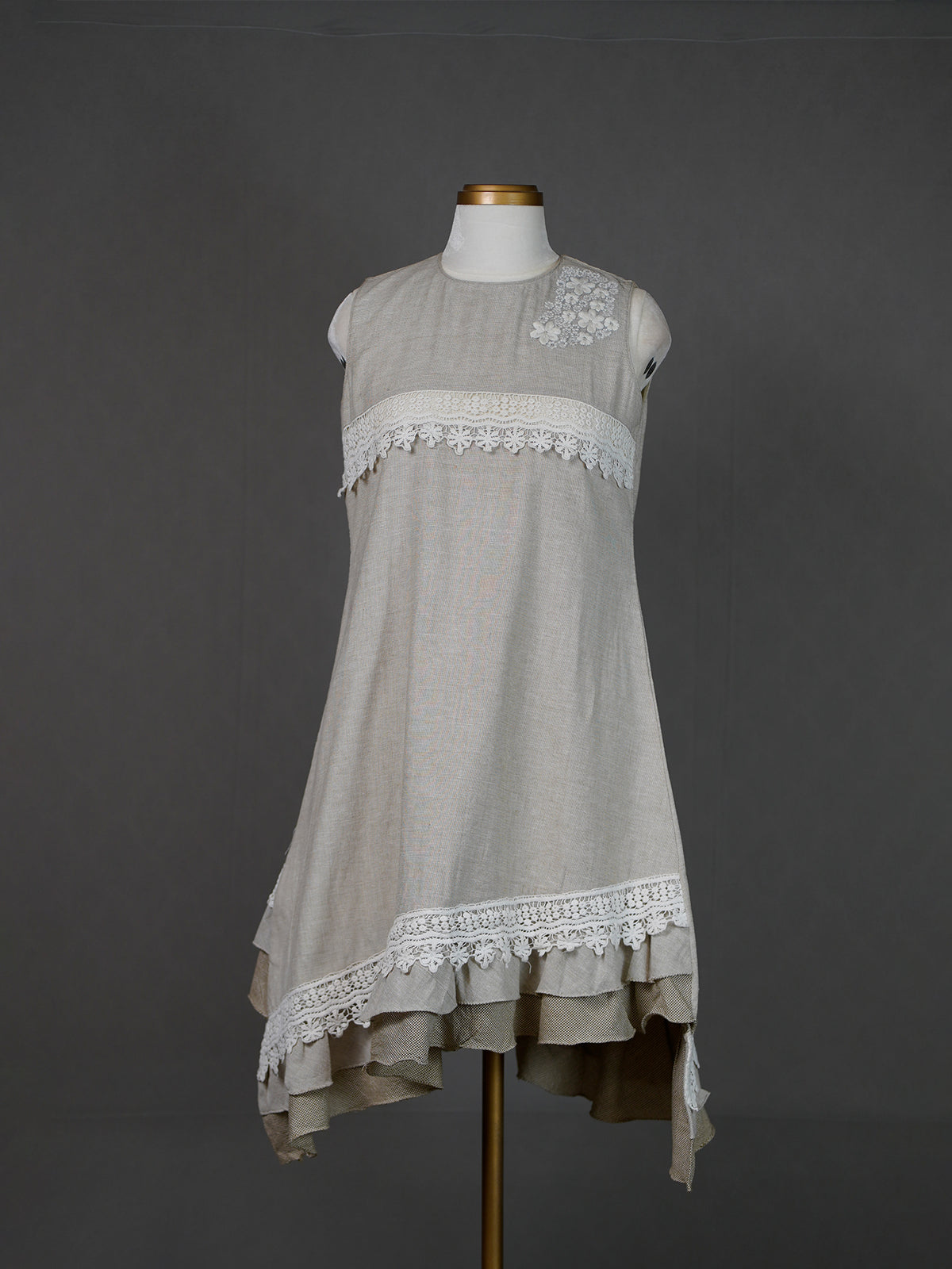 Grey Sleeveless Asymmetrical Dress with Applique Motif and Crochet Lace