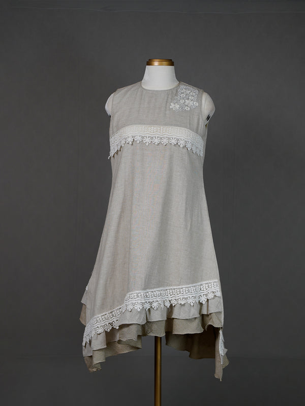 Grey Sleeveless Asymmetrical Dress with Applique Motif and Crochet Lace