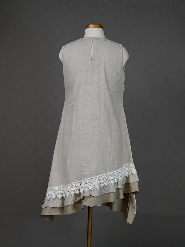 Grey Sleeveless Asymmetrical Dress with Applique Motif and Crochet Lace
