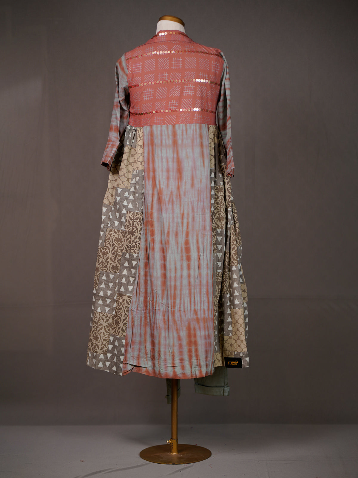 Grey Tie-n-Dye Kurti with Block Print Side Panels and Bodice, Pants