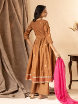 Handwoven brown top with silver zari buti, gathered kali design, and Gujari work with sequin detailing on the yoke