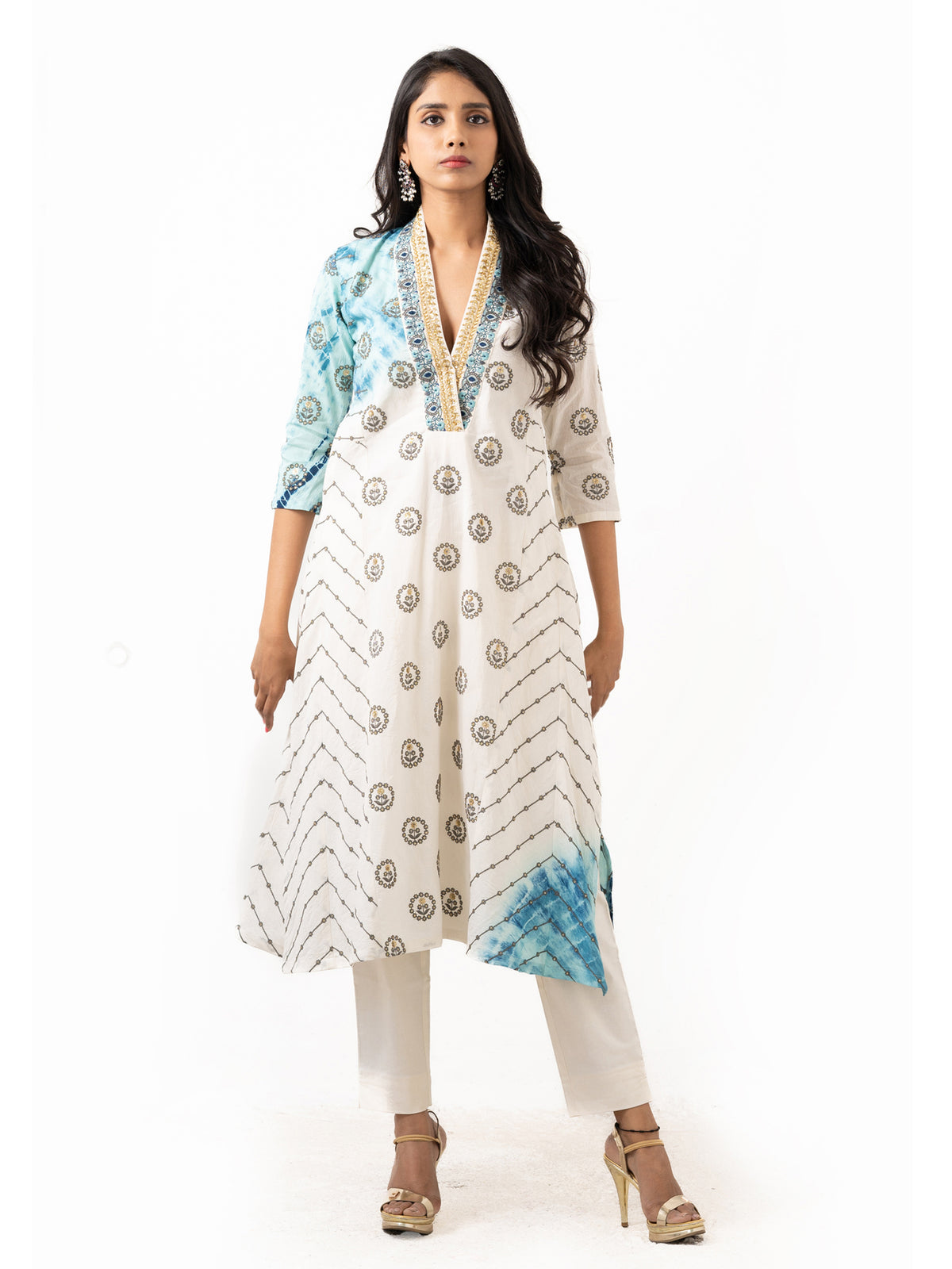 Sequin embroidered cotton dress with stretchable pants