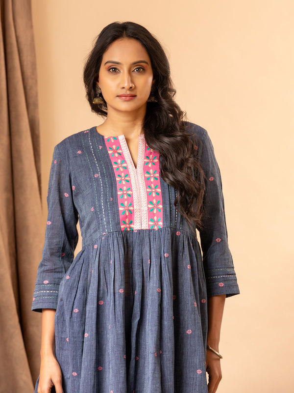 Handwoven muted blue kali top with a gathered design, featuring Kutch work detailing and Kantha anchor work lines