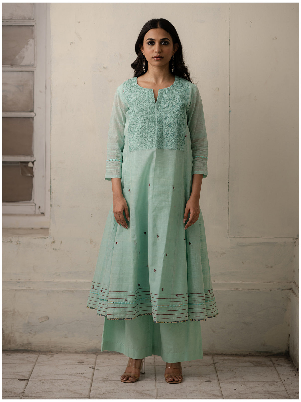 Ice Blue Hand-Woven Cotton Kurti and Pants with Delicate Chikankari Work