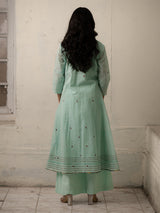 Ice Blue Hand-Woven Cotton Kurti and Pants with Delicate Chikankari Work