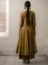 Khakhi Green Hand-Woven Cotton Kurti and Pants with Elegant Patchwork
