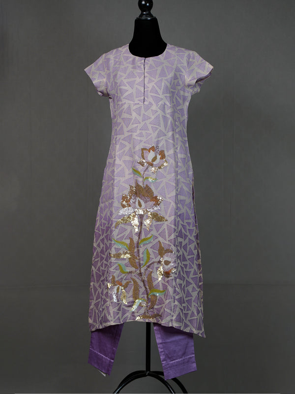 Lavender Handwoven D-Cut Kurti with Stylish Sequins Work and Pants