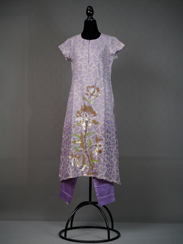 Lavender Handwoven D-Cut Kurti with Stylish Sequins Work and Pants