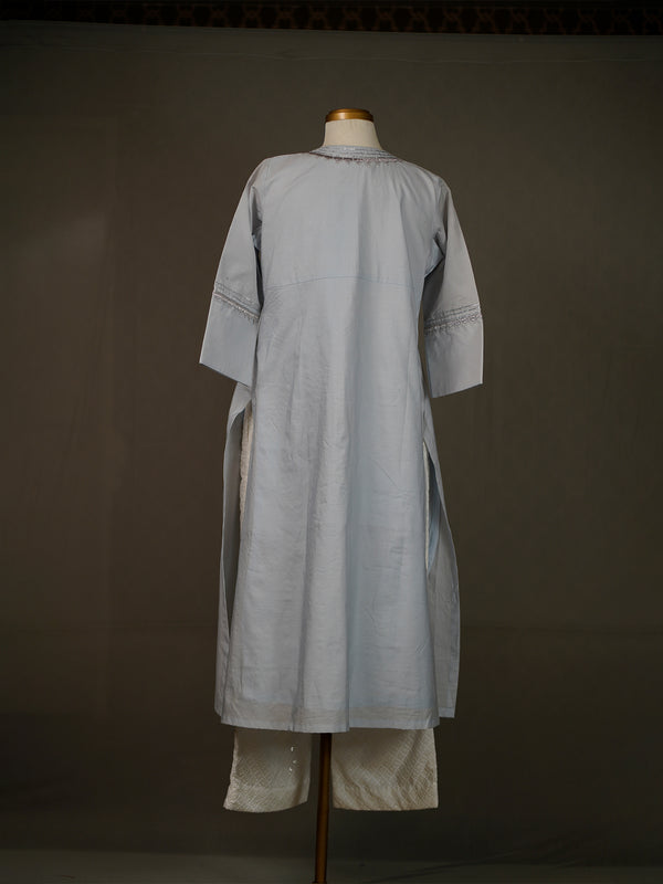 Light Blue Kurti With Applique Work And White Thread Work Pants
