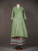 Light Green Cotton Kurti With Collar, Thread Work and Printed Pants