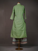 Light Green Cotton Kurti With Collar, Thread Work and Printed Pants