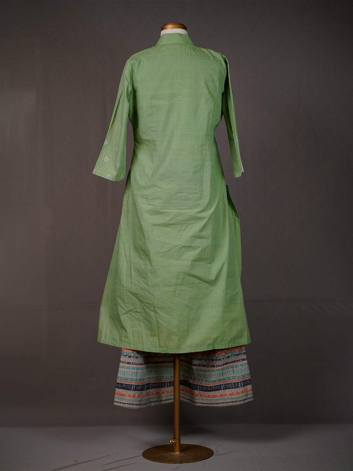 Light Green Cotton Kurti With Collar, Thread Work and Printed Pants
