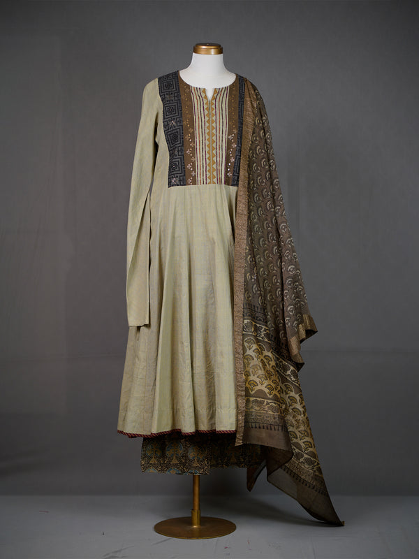 Light Green Kali Kurti With Printed Pants and Chanderi Dupatta