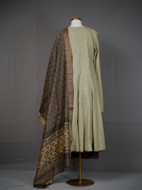 Light Green Kali Kurti With Printed Pants and Chanderi Dupatta