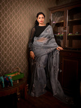 Look Ethereal in Sheer Grey Organza Saree with Black Blouse
