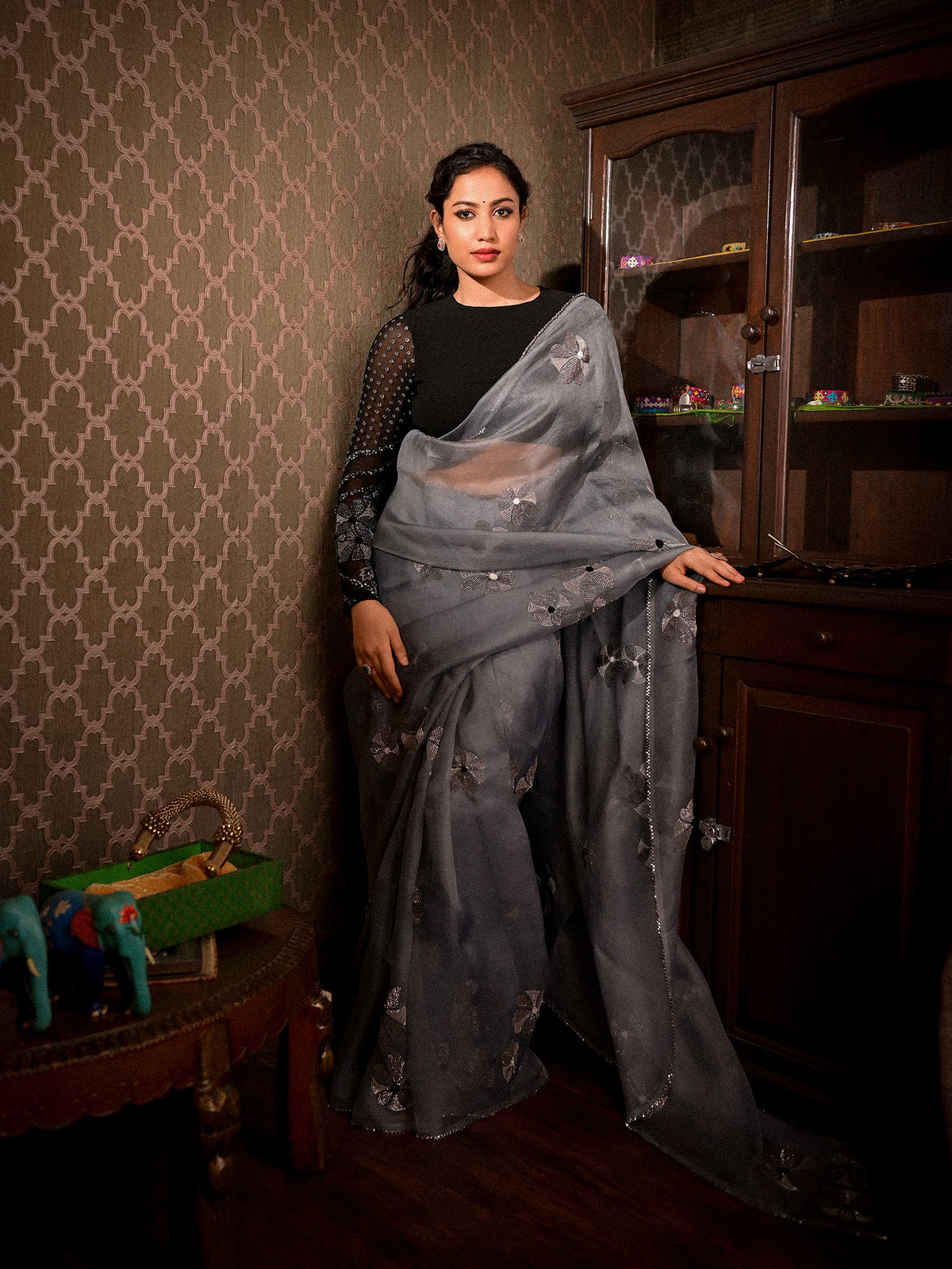 Look Ethereal in Sheer Grey Organza Saree with Black Blouse