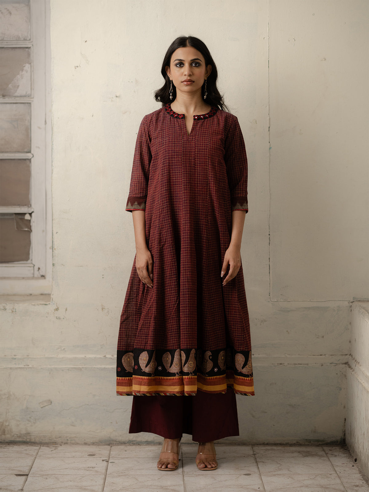 Maroon Checked Hand-Woven Cotton Kurti with Sequins, Mirrors with Pants