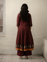 Maroon Checked Hand-Woven Cotton Kurti with Sequins, Mirrors with Pants