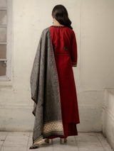 Maroon Hand-Woven Cotton Kurti with Mirror Embroidery and Sequinned Dupatta