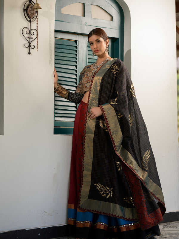 Maroon Kalidar Ajrakh Print Lehenga with Smart Blouse and Dupatta