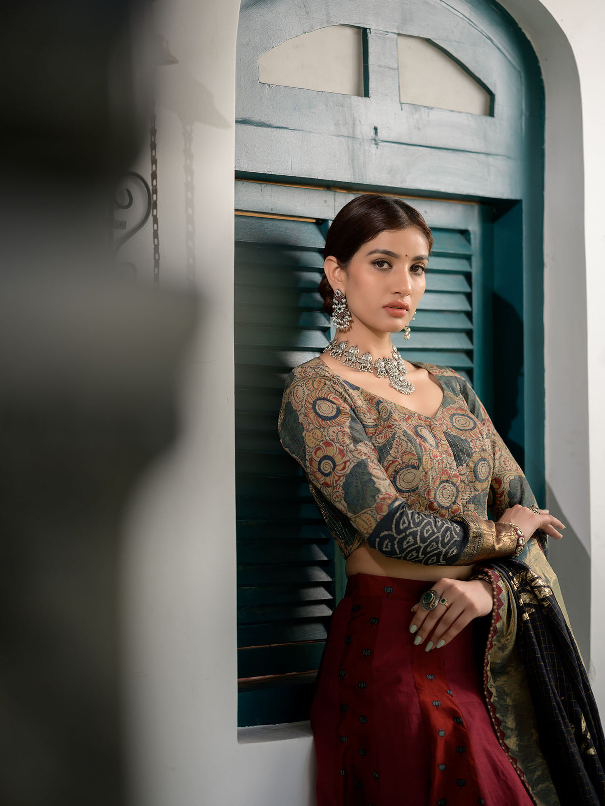 Maroon Kalidar Ajrakh Print Lehenga with Smart Blouse and Dupatta