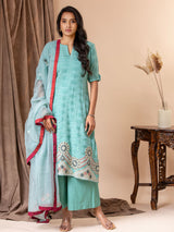 Mint green self-weaving fabric kurti with applique work on the daman, paired with a Kota dupatta featuring applique detailing