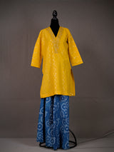 Mustard Cotton Short Kurti With Sequin Work and Blue Printed Pants