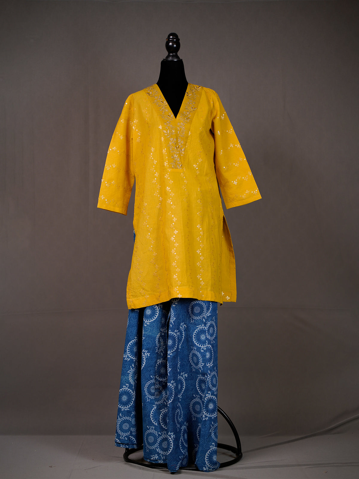 Mustard Cotton Short Kurti With Sequin Work and Blue Printed Pants