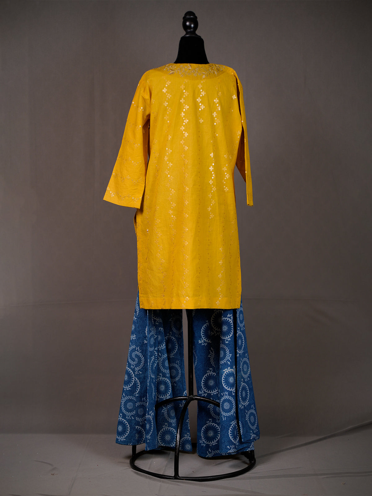 Mustard Cotton Short Kurti With Sequin Work and Blue Printed Pants