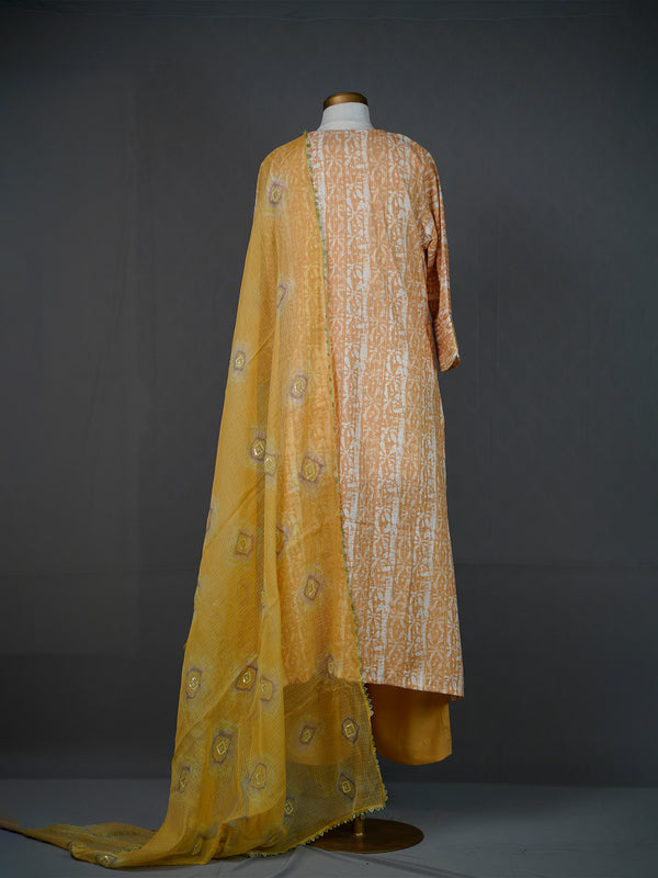 Mustard Hand Embroidered Batik Kurti and Pants Set with Dupatta
