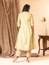 Muted sage handwoven gathered top with zari and silver bhuti, mirror and zari work detailing, paired with self-coloured pants