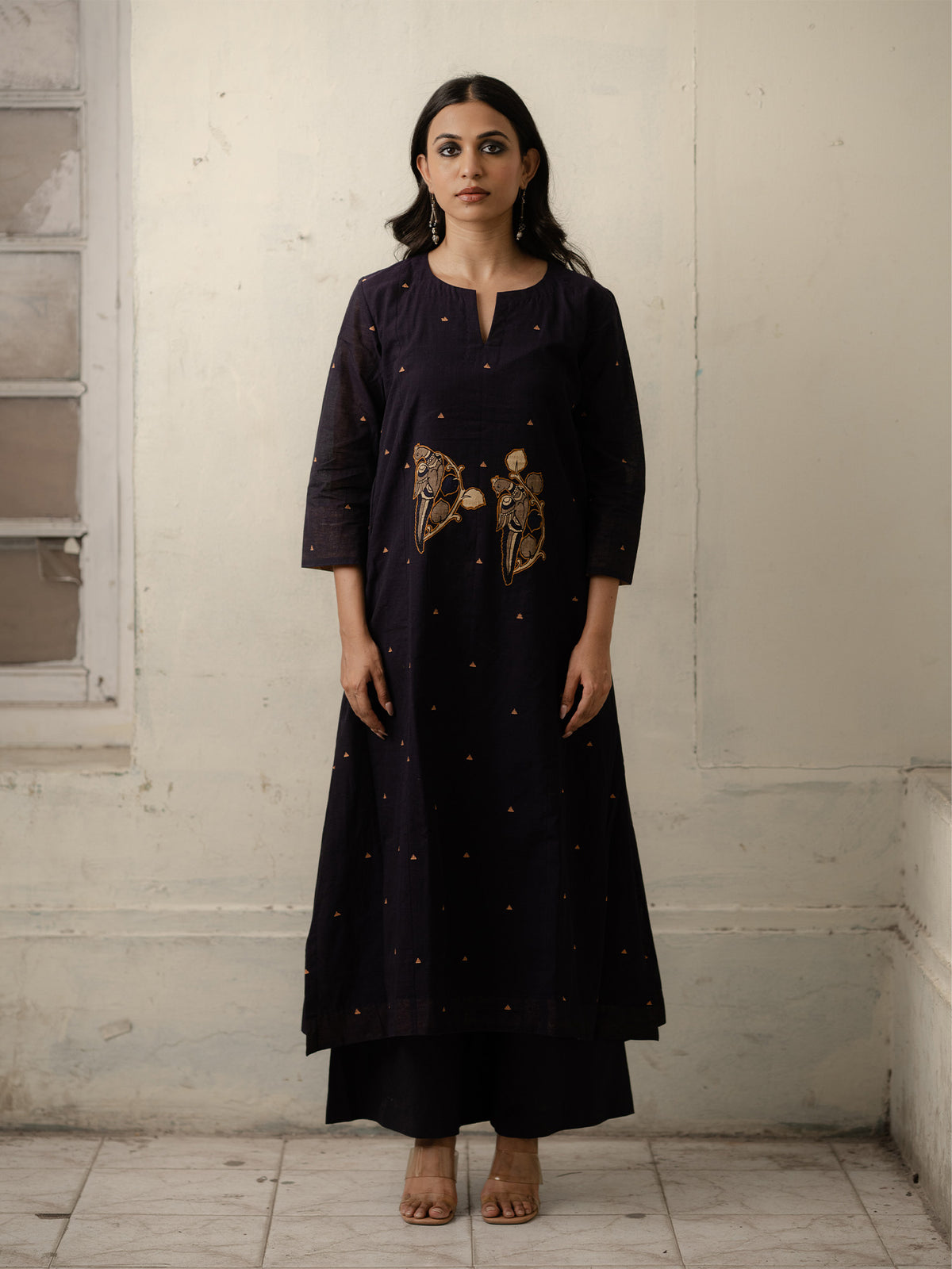 Navy Blue Hand-Woven Cotton Kurti and Pants Set with Motifs of Patchwork