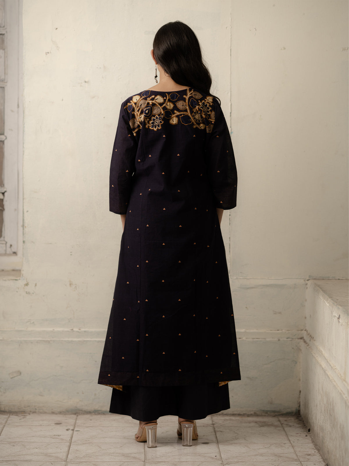 Navy Blue Hand-Woven Cotton Kurti and Pants Set with Motifs of Patchwork