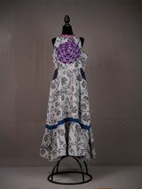 Off White Cotton Long Halter Dress with Block Print, Applique, Lace