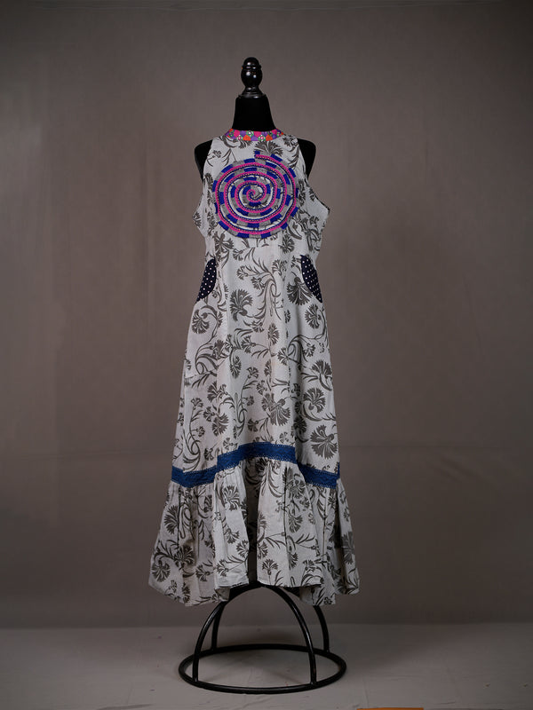 Off White Cotton Long Halter Dress with Block Print, Applique, Lace