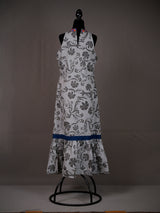 Off White Cotton Long Halter Dress with Block Print, Applique, Lace