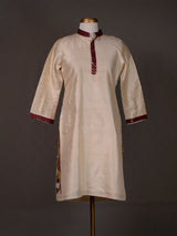 Off White Handwoven Cotton Ikkat Dress, Front Open with Buttons