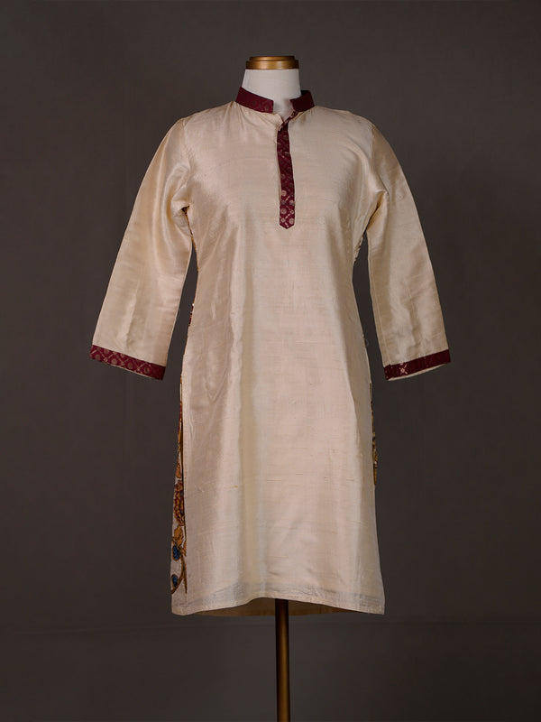 Off White Handwoven Cotton Ikkat Dress, Front Open with Buttons