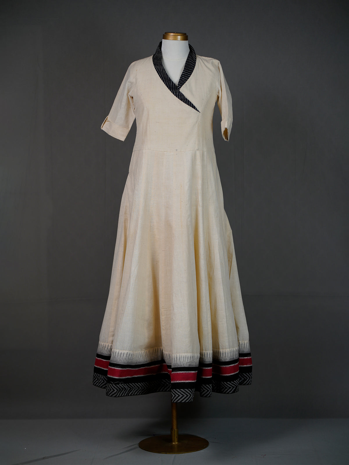 Off White Handwoven Kali Long Dress with Black Collar and Border