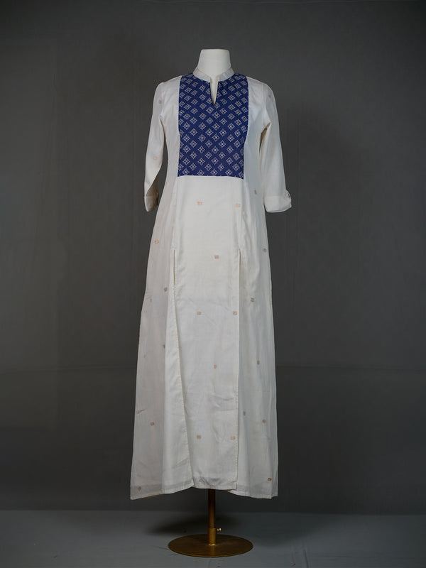 Off White Handwoven Kurti With Thread Embroidery On Blue Yoke