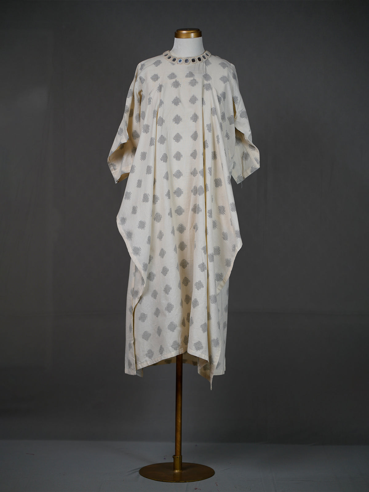 Off White Ikkat Kurti with High Closed Neck and Chunky Mirrors