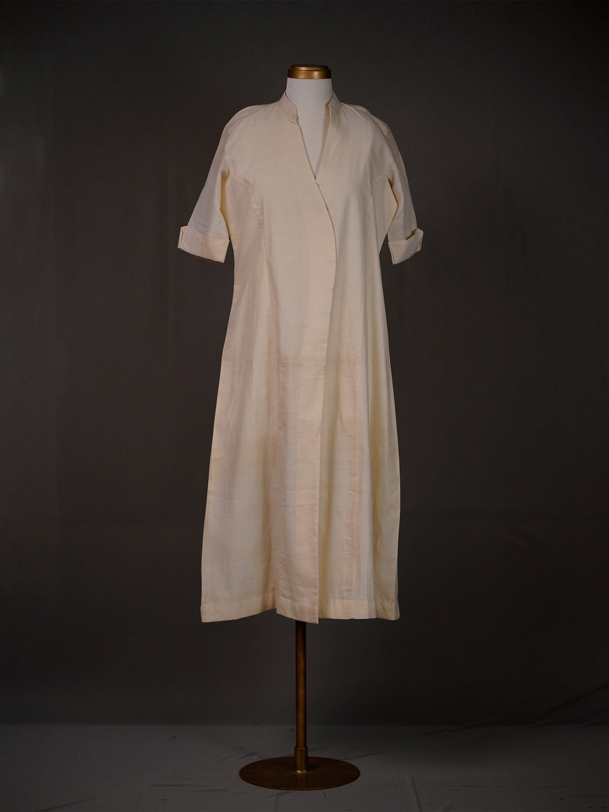 Off White Plain Handwoven Angrakha Style Kurti with Chinese Collar