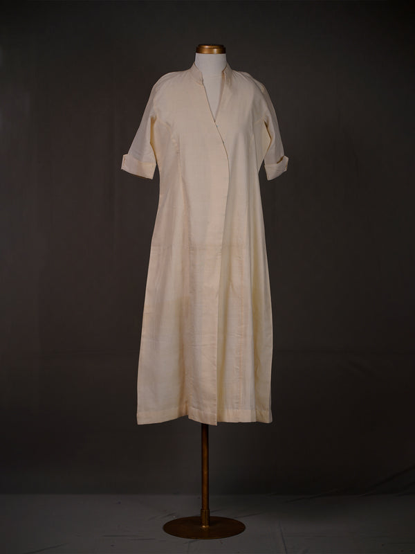Off White Plain Handwoven Angrakha Style Kurti with Chinese Collar